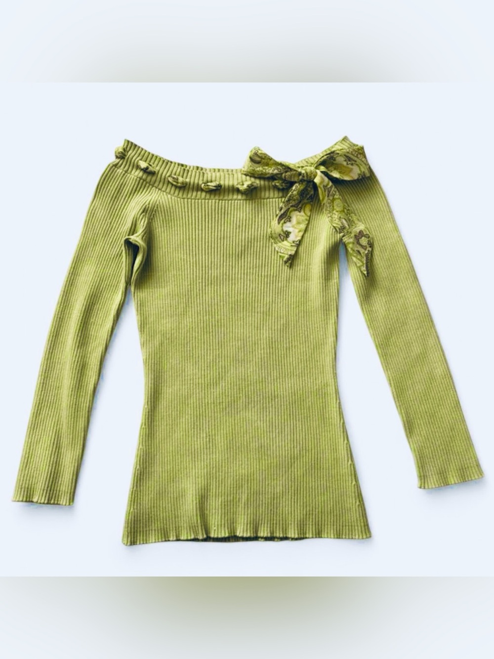 Lime Green Ribbed Off-Shoulder Sweater with Bow